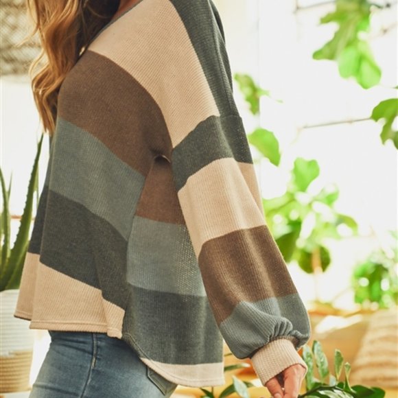 RIBBED STRIPES V-NECK PUFF SLEEVES TOP - Picture 4 of 8